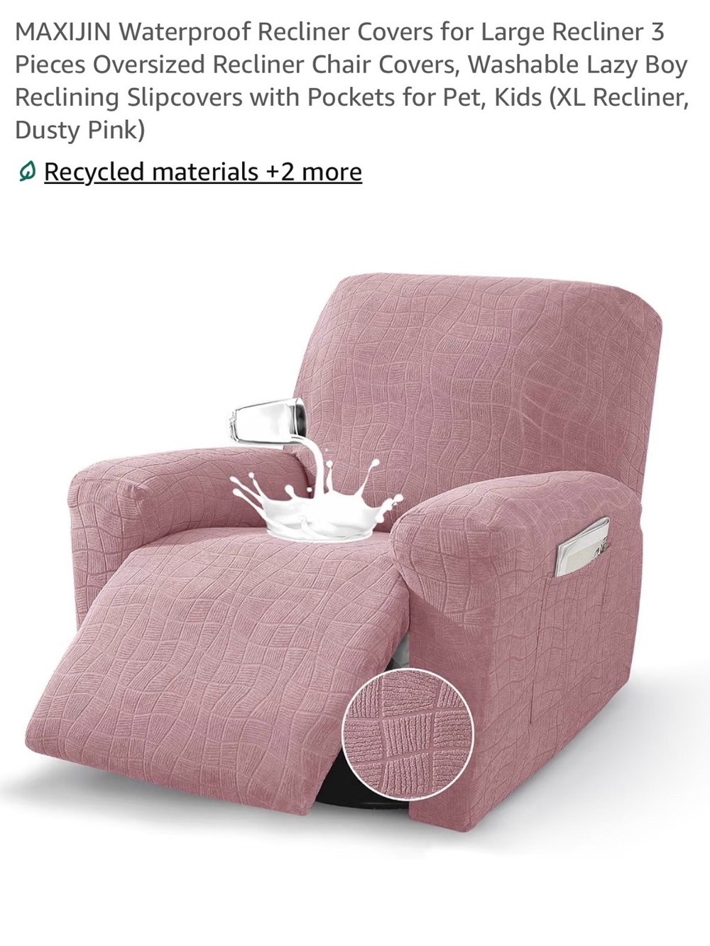 Dusty Pink Recliner Cover - Waterproof Oversized 3-Piece Slipcover